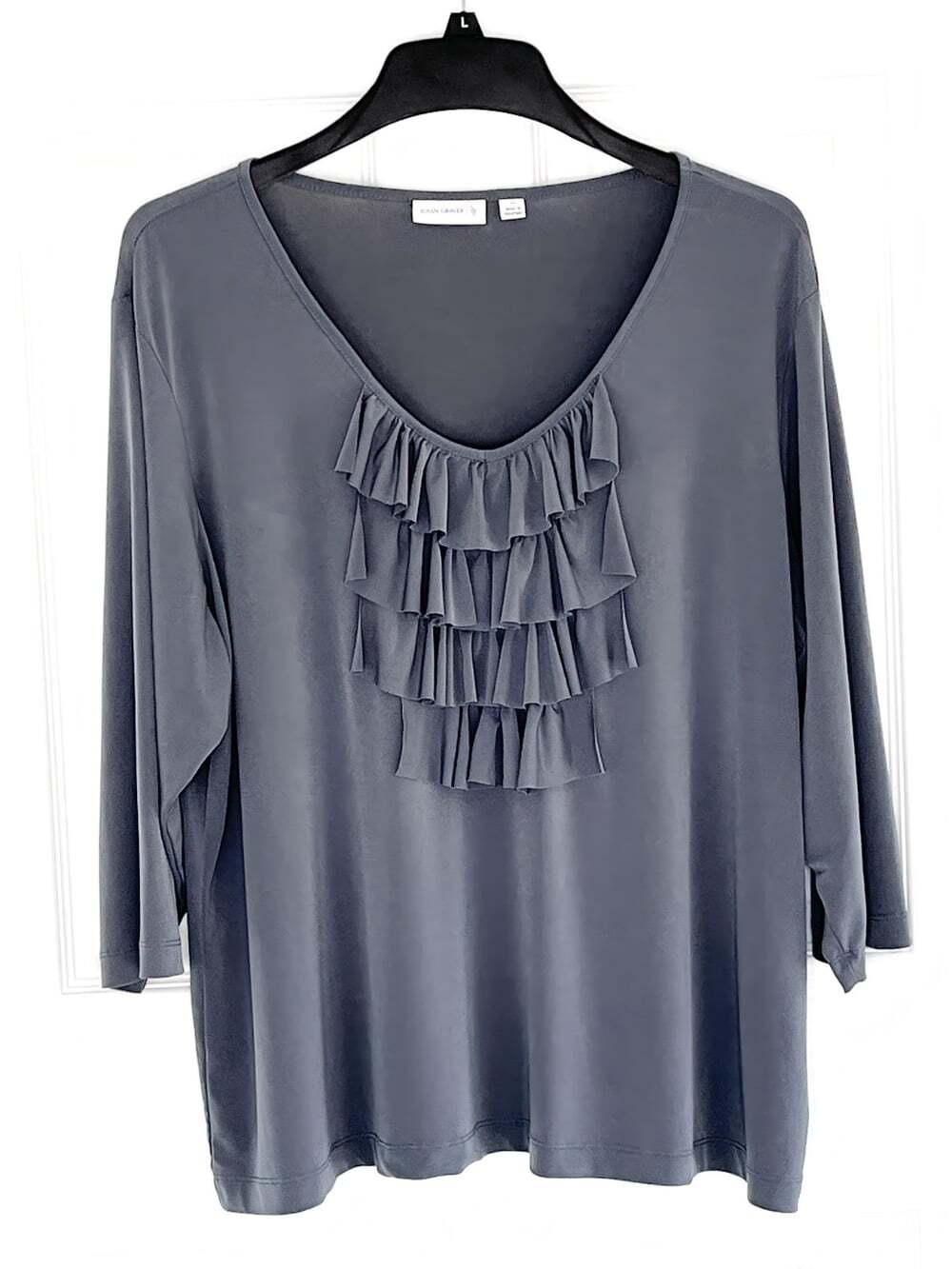 Susan Graver Liquid Knit Top sz 2X Tiered Ruffles Ruched 3/4 Sleeve Work Neutral